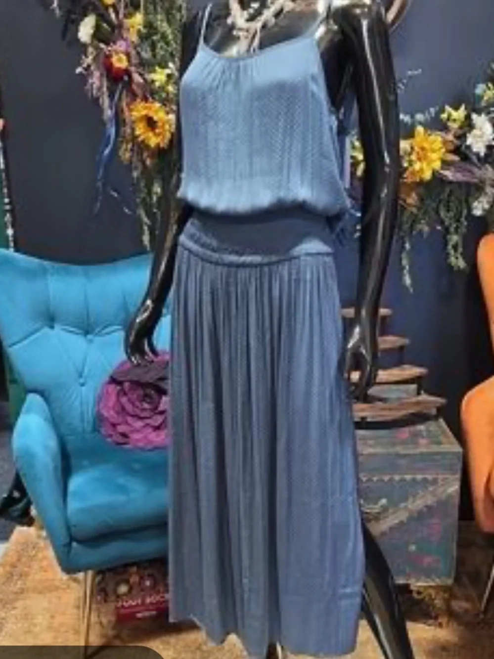 Free People Teal Blue Silky Dot Smocked Midi Sleveless Dress S